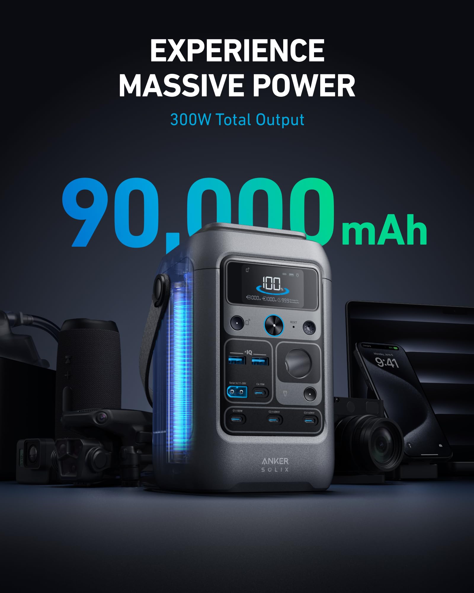 Anker Solix C300 DC Power Bank Station 288Wh Portable Power Station, 300W Solar Generator